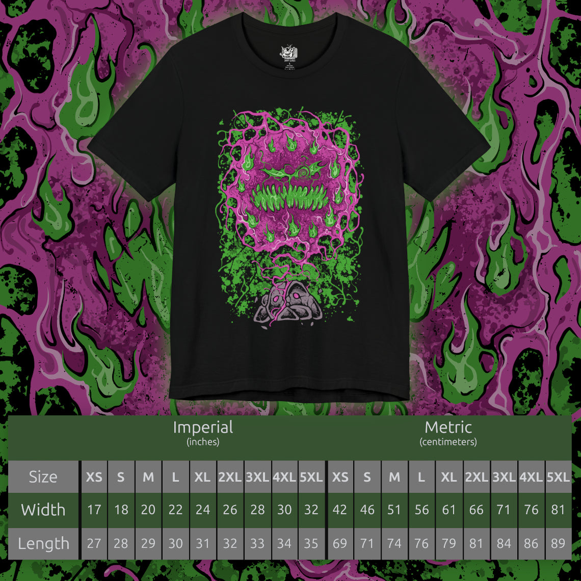 Size chart of a T-shirt design of Spiritomb from Pokémon, emerging from the ancient Odd Keystone as swirling purple spirits form a chaotic vortex of cursed faces. The stone rests among cracked earth and eerie fog while spectral energy radiates outward. The design captures the legend of 108 trapped souls bound together, creating a haunting ghost-type presence that embodies resentment and eternal imprisonment.