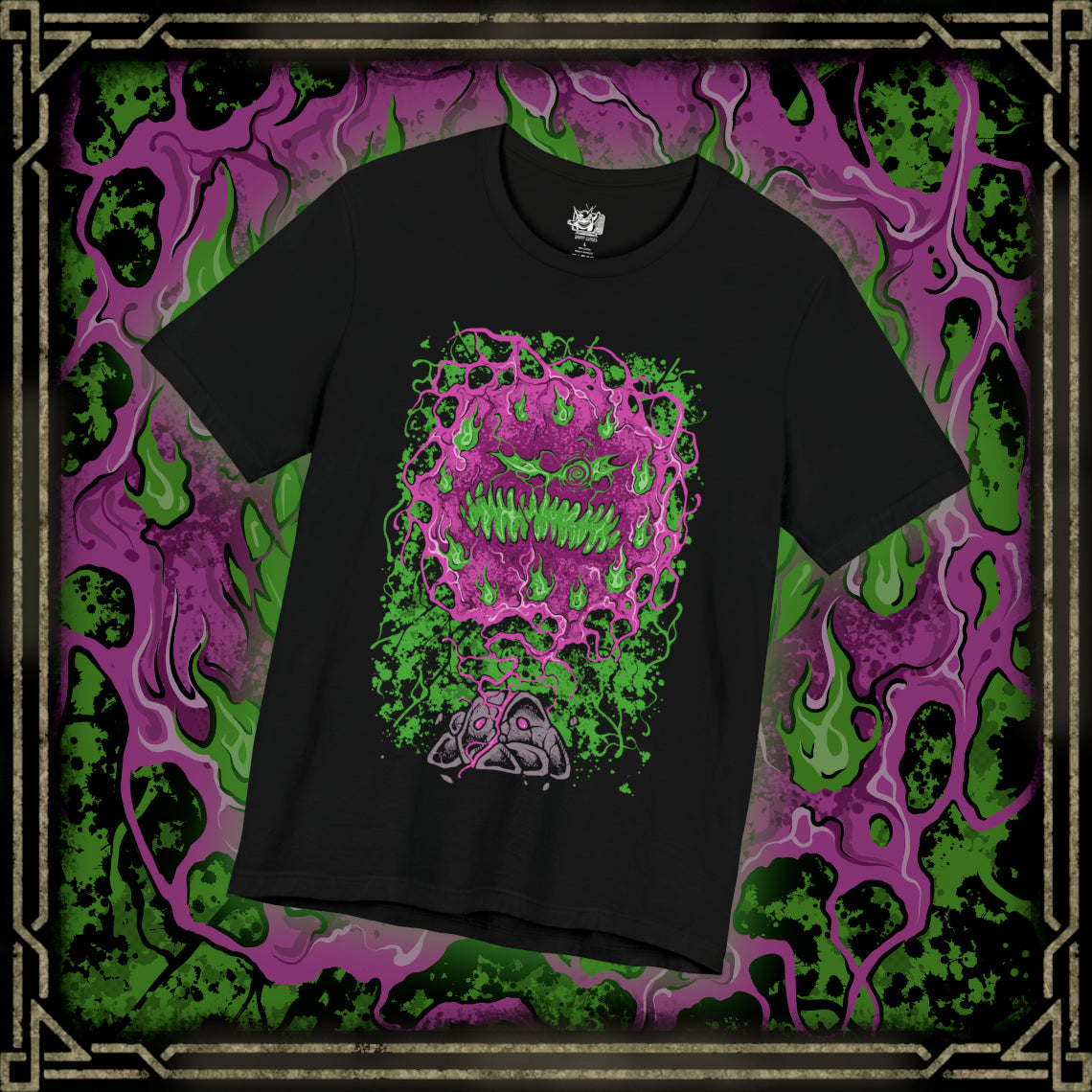 Thumbnail of a T-shirt design of Spiritomb from Pokémon, emerging from the ancient Odd Keystone as swirling purple spirits form a chaotic vortex of cursed faces. The stone rests among cracked earth and eerie fog while spectral energy radiates outward. The design captures the legend of 108 trapped souls bound together, creating a haunting ghost-type presence that embodies resentment and eternal imprisonment.