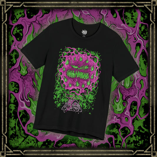 Thumbnail of a T-shirt design of Spiritomb from Pokémon, emerging from the ancient Odd Keystone as swirling purple spirits form a chaotic vortex of cursed faces. The stone rests among cracked earth and eerie fog while spectral energy radiates outward. The design captures the legend of 108 trapped souls bound together, creating a haunting ghost-type presence that embodies resentment and eternal imprisonment.