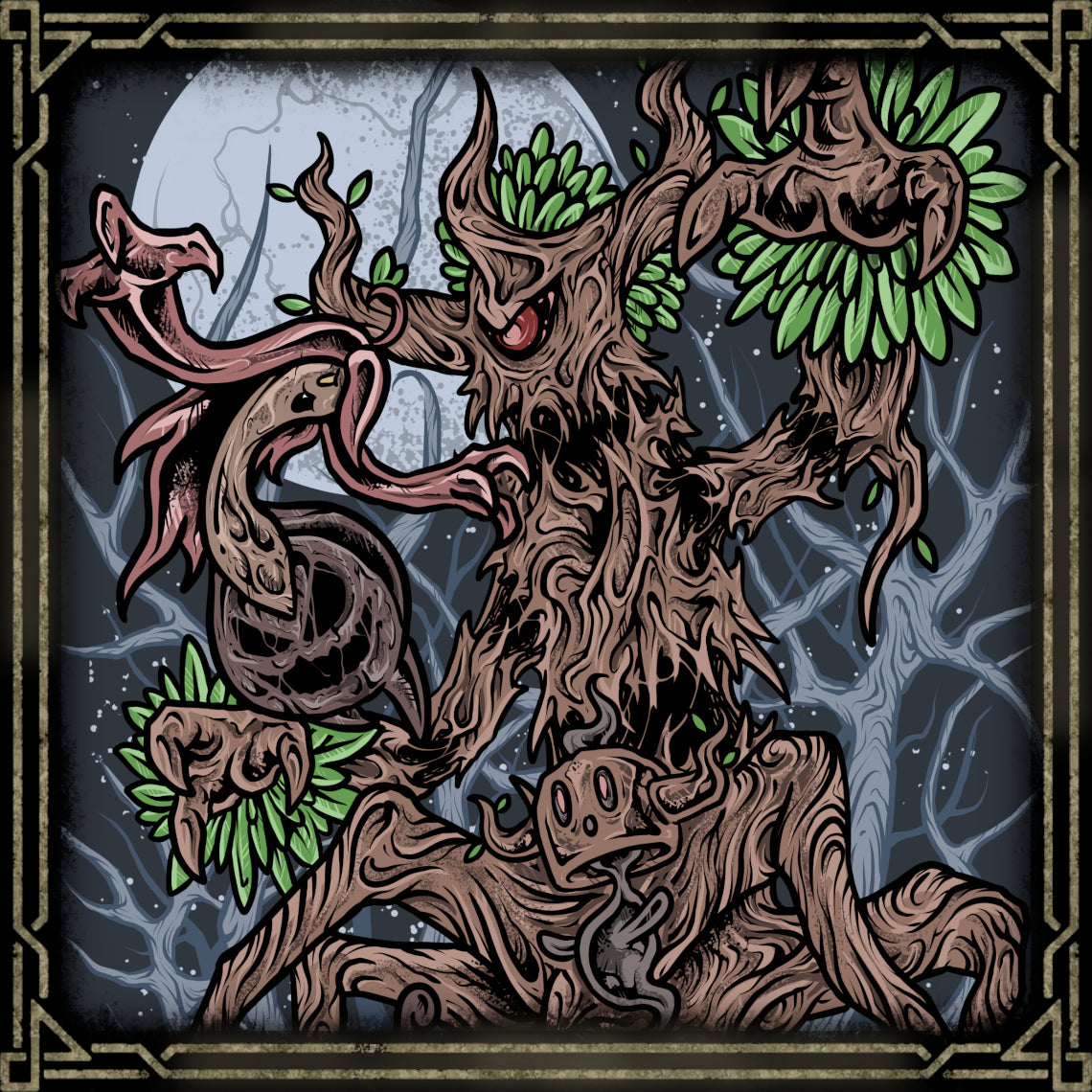 Artwork of The Forest Revenant of Kalos. It is said that when spirits become lost within the depths of ancient forests, they bind themselves to old trees and rise again in a new form. These beings wander silently through Kalos, their wooden bodies housing lingering regrets and quiet rage. Travelers who stray too far often feel watched, as if the forest itself has awakened and taken notice of their presence.