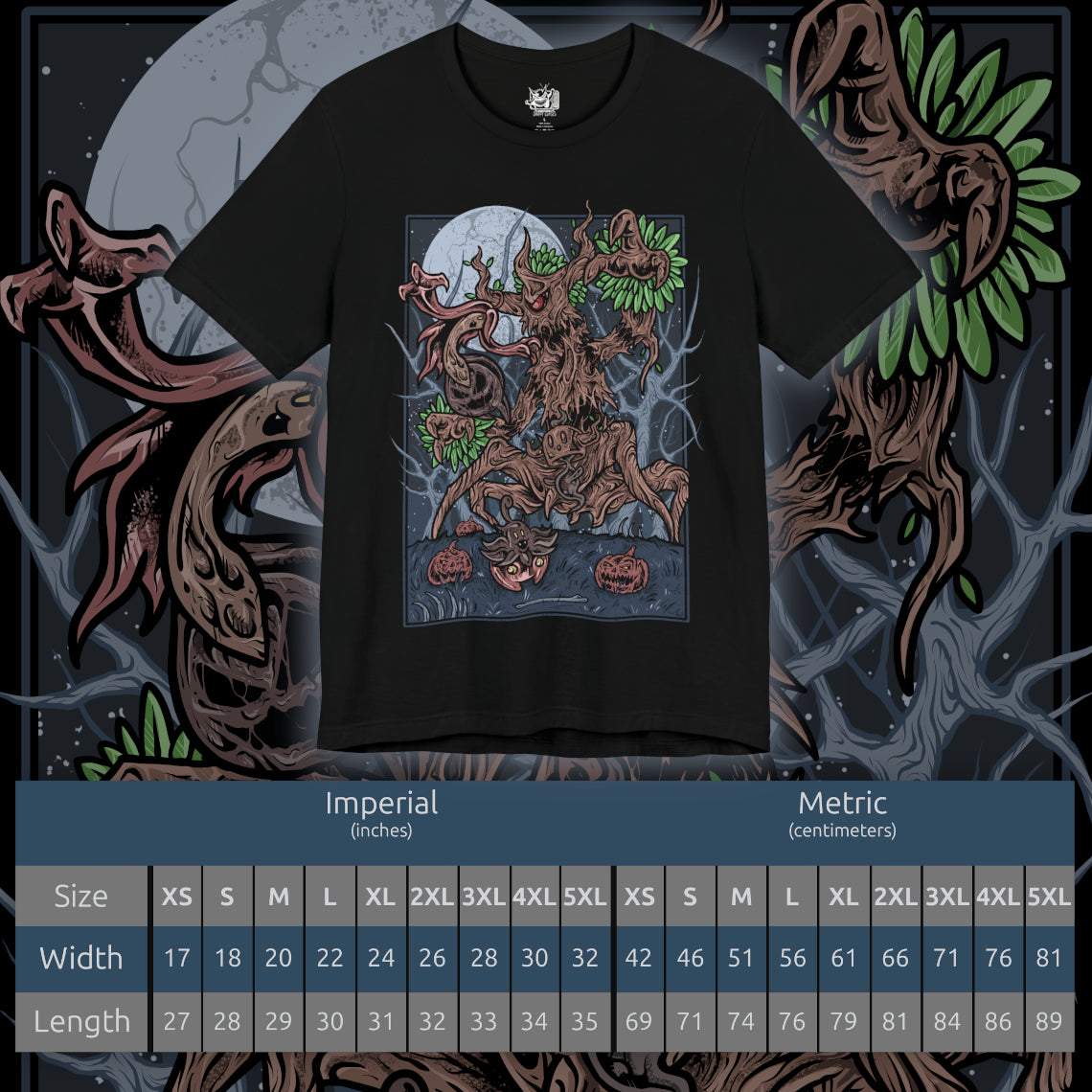 Size chart of a T-shirt artwork depicting Trevenant emerging from an ancient tree at night, branches shaped like claws and leaves drifting through a dim, eerie glow. The surrounding forest appears alive, with roots coiling and shadows stretching as if under its command. The design emphasizes Trevenant as a Ghost/Grass-type Pokémon tied to lost souls, representing control over nature, darkness, and supernatural retribution.