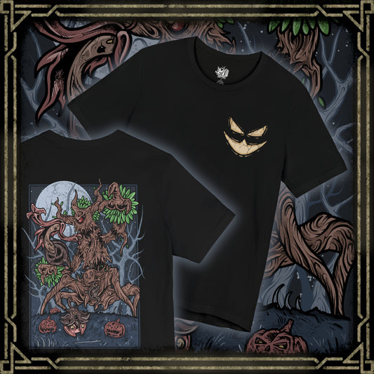 Thumbnail of a T-shirt artwork depicting Trevenant emerging from an ancient tree at night, branches shaped like claws and leaves drifting through a dim, eerie glow. The surrounding forest appears alive, with roots coiling and shadows stretching as if under its command. The design emphasizes Trevenant as a Ghost/Grass-type Pokémon tied to lost souls, representing control over nature, darkness, and supernatural retribution.
