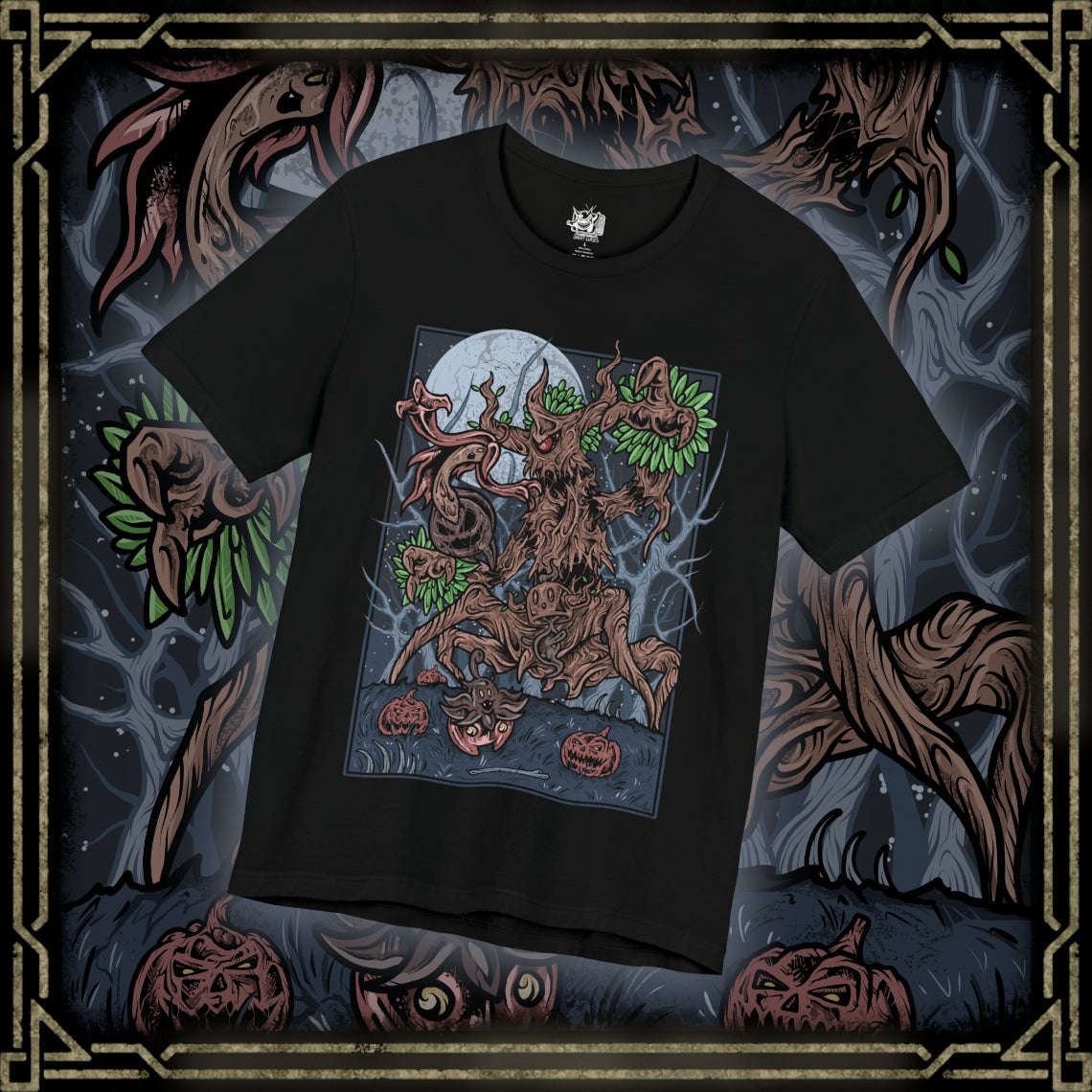 Thumbnail of a T-shirt artwork depicting Trevenant standing deep within a dark Kalos forest, its wooden body twisted and jagged as glowing red eyes pierce through the fog. Shadowy roots spread across the ground while faint ghostly wisps swirl around its limbs. The design captures Trevenant’s role as a vengeful guardian Pokémon, embodying haunted woods, restless spirits, and ancient forest curses.