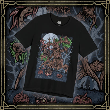 Thumbnail of a T-shirt artwork depicting Trevenant standing deep within a dark Kalos forest, its wooden body twisted and jagged as glowing red eyes pierce through the fog. Shadowy roots spread across the ground while faint ghostly wisps swirl around its limbs. The design captures Trevenant’s role as a vengeful guardian Pokémon, embodying haunted woods, restless spirits, and ancient forest curses.
