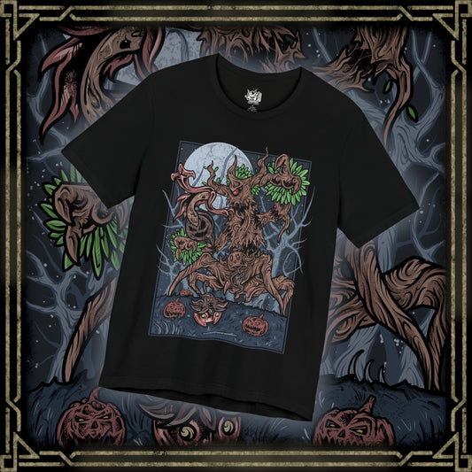 Thumbnail of a T-shirt artwork depicting Trevenant standing deep within a dark Kalos forest, its wooden body twisted and jagged as glowing red eyes pierce through the fog. Shadowy roots spread across the ground while faint ghostly wisps swirl around its limbs. The design captures Trevenant’s role as a vengeful guardian Pokémon, embodying haunted woods, restless spirits, and ancient forest curses.