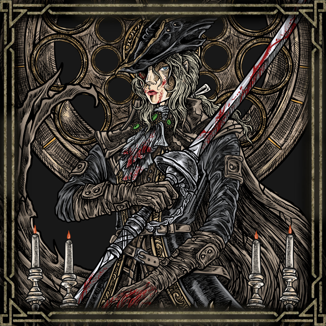 Concept Art of The Old Hunters Lady Maria. Lady Maria stands at the crossroads of nobility and damnation. Linked to Cainhurst’s cursed bloodline and the atrocities of Byrgenwerth, she chose isolation over glory, ending her life in sorrow. Bound to the nightmare, she confronts intruders with unmatched skill, embodying Bloodborne’s themes of guilt, punishment, and the inescapable weight of knowledge.