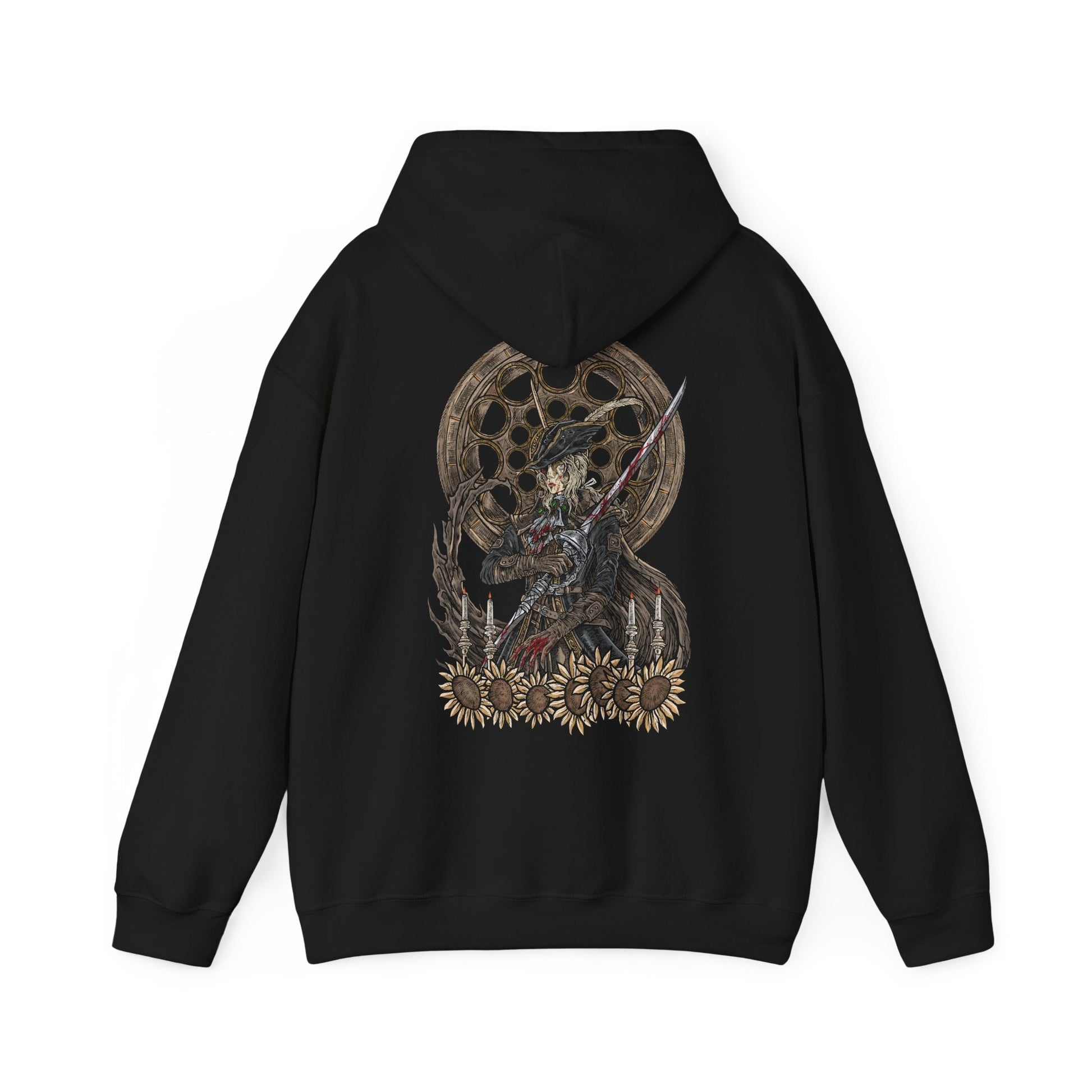 Image 5 of a Hooded Sweatshirt illustration of Lady Maria awakening from her chair, blood and fire swirling from her weapons as the Astral Clocktower glows behind her. Her expression blends sorrow with deadly focus, embodying a hunter burdened by guilt and loyalty to Gehrman’s legacy. This design emphasizes tragic heroism, forbidden power, and the haunting beauty of Bloodborne’s most iconic duel.