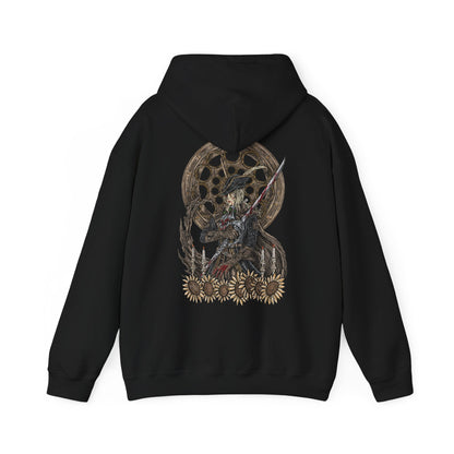 Image 5 of a Hooded Sweatshirt illustration of Lady Maria awakening from her chair, blood and fire swirling from her weapons as the Astral Clocktower glows behind her. Her expression blends sorrow with deadly focus, embodying a hunter burdened by guilt and loyalty to Gehrman’s legacy. This design emphasizes tragic heroism, forbidden power, and the haunting beauty of Bloodborne’s most iconic duel.