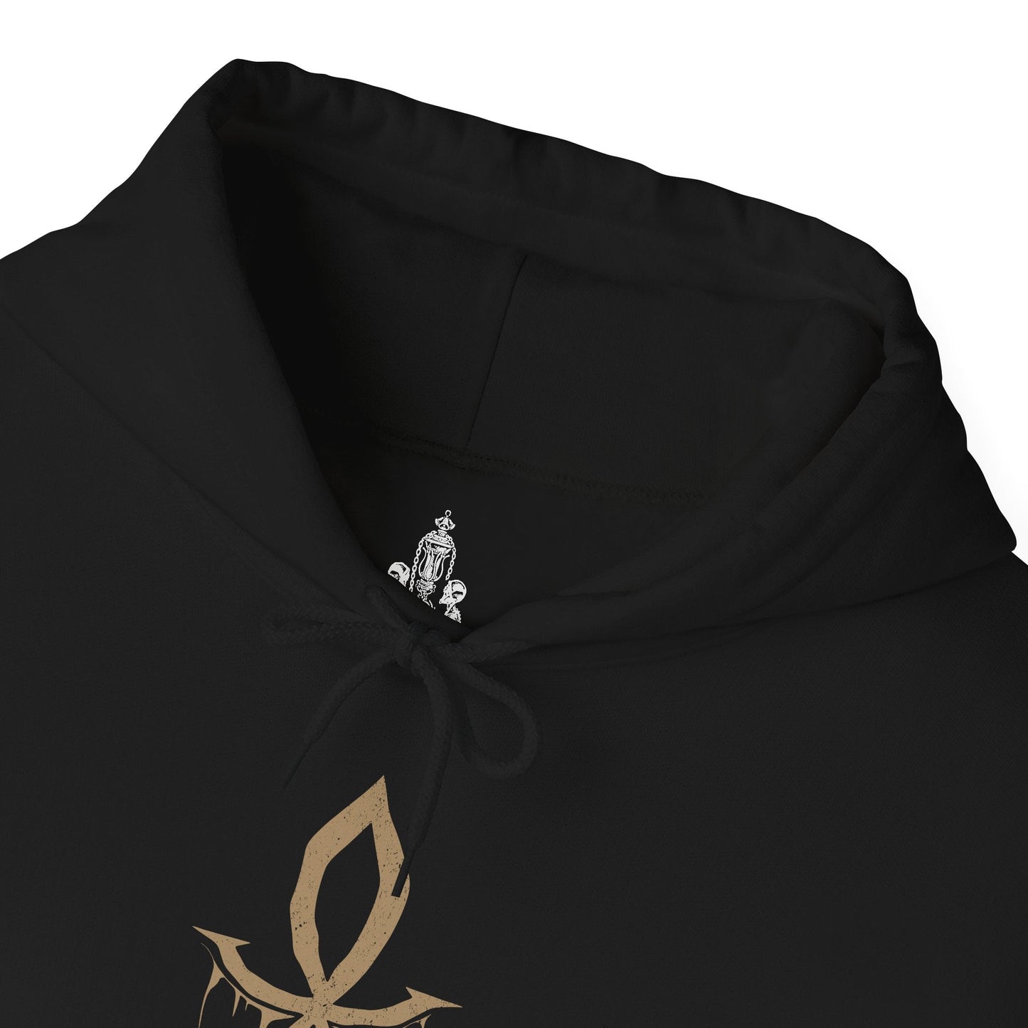 Folded Hooded Sweatshirt illustration of Lady Maria awakening from her chair, blood and fire swirling from her weapons as the Astral Clocktower glows behind her. Her expression blends sorrow with deadly focus, embodying a hunter burdened by guilt and loyalty to Gehrman’s legacy. This design emphasizes tragic heroism, forbidden power, and the haunting beauty of Bloodborne’s most iconic duel.