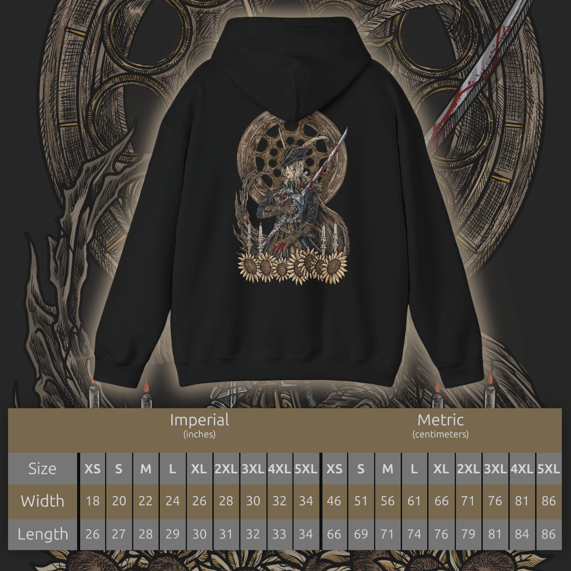 Size chart of a Hooded Sweatshirt illustration of Lady Maria awakening from her chair, blood and fire swirling from her weapons as the Astral Clocktower glows behind her. Her expression blends sorrow with deadly focus, embodying a hunter burdened by guilt and loyalty to Gehrman’s legacy. This design emphasizes tragic heroism, forbidden power, and the haunting beauty of Bloodborne’s most iconic duel.