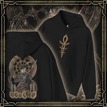 Thumbnail of a Hooded Sweatshirt illustration of Lady Maria awakening from her chair, blood and fire swirling from her weapons as the Astral Clocktower glows behind her. Her expression blends sorrow with deadly focus, embodying a hunter burdened by guilt and loyalty to Gehrman’s legacy. This design emphasizes tragic heroism, forbidden power, and the haunting beauty of Bloodborne’s most iconic duel.