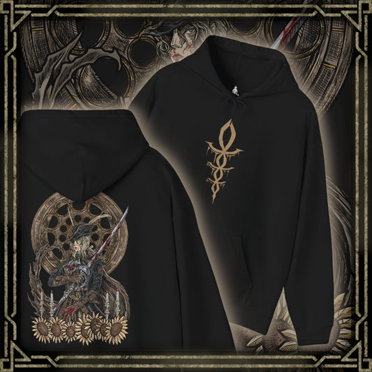 Thumbnail of a Hooded Sweatshirt illustration of Lady Maria awakening from her chair, blood and fire swirling from her weapons as the Astral Clocktower glows behind her. Her expression blends sorrow with deadly focus, embodying a hunter burdened by guilt and loyalty to Gehrman’s legacy. This design emphasizes tragic heroism, forbidden power, and the haunting beauty of Bloodborne’s most iconic duel.