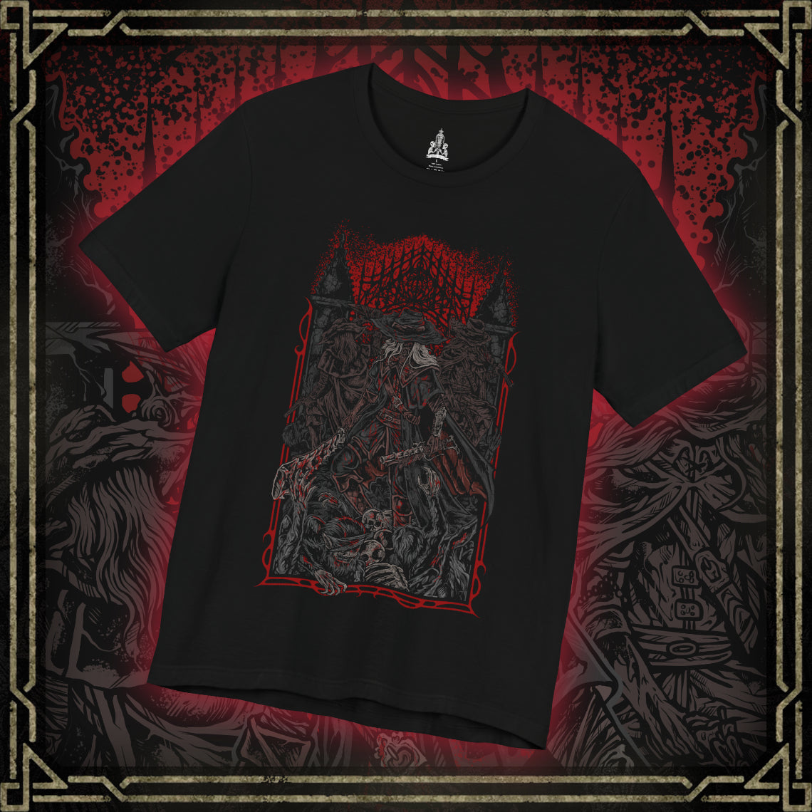 Thumbnail of a T-shirt featuring the First Old Hunters from Bloodborne, the legendary pioneers of the Hunt who faced the beasts before the Healing Church refined its craft. Bound by blood and tragedy, these hunters carved their legacy in Yharnam with saws, blades, and trick weapons. This design captures the grim brotherhood who became both heroes and victims of the scourge.