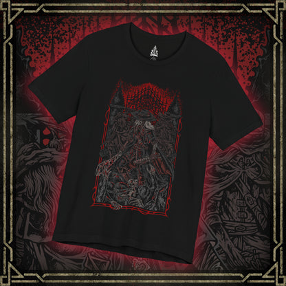 Thumbnail of a T-shirt featuring the First Old Hunters from Bloodborne, the legendary pioneers of the Hunt who faced the beasts before the Healing Church refined its craft. Bound by blood and tragedy, these hunters carved their legacy in Yharnam with saws, blades, and trick weapons. This design captures the grim brotherhood who became both heroes and victims of the scourge.