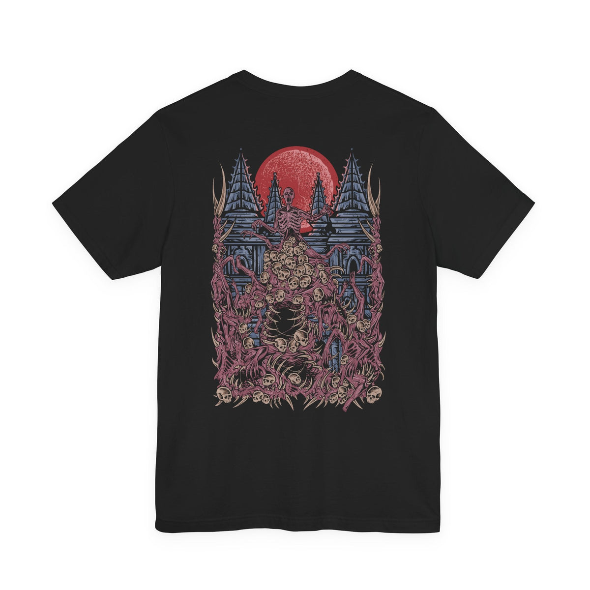 Image 5 of a Double-sided T-Shirt artwork featuring The One Reborn from Bloodborne, portraying a towering amalgamation of human corpses, twisted limbs, and grotesque flesh beneath the blood moon. The creature's enormous body dominates a dark and unsettling environment inspired by Yahar'gul, with deep shadows emphasizing its unnatural anatomy.