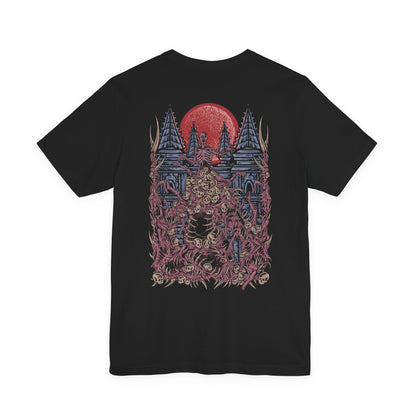 Image 5 of a Double-sided T-Shirt artwork featuring The One Reborn from Bloodborne, portraying a towering amalgamation of human corpses, twisted limbs, and grotesque flesh beneath the blood moon. The creature's enormous body dominates a dark and unsettling environment inspired by Yahar'gul, with deep shadows emphasizing its unnatural anatomy.