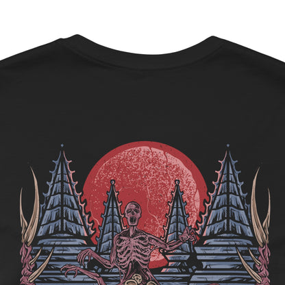 Image 7 of a Double-sided T-Shirt artwork featuring The One Reborn from Bloodborne, portraying a towering amalgamation of human corpses, twisted limbs, and grotesque flesh beneath the blood moon. The creature's enormous body dominates a dark and unsettling environment inspired by Yahar'gul, with deep shadows emphasizing its unnatural anatomy.