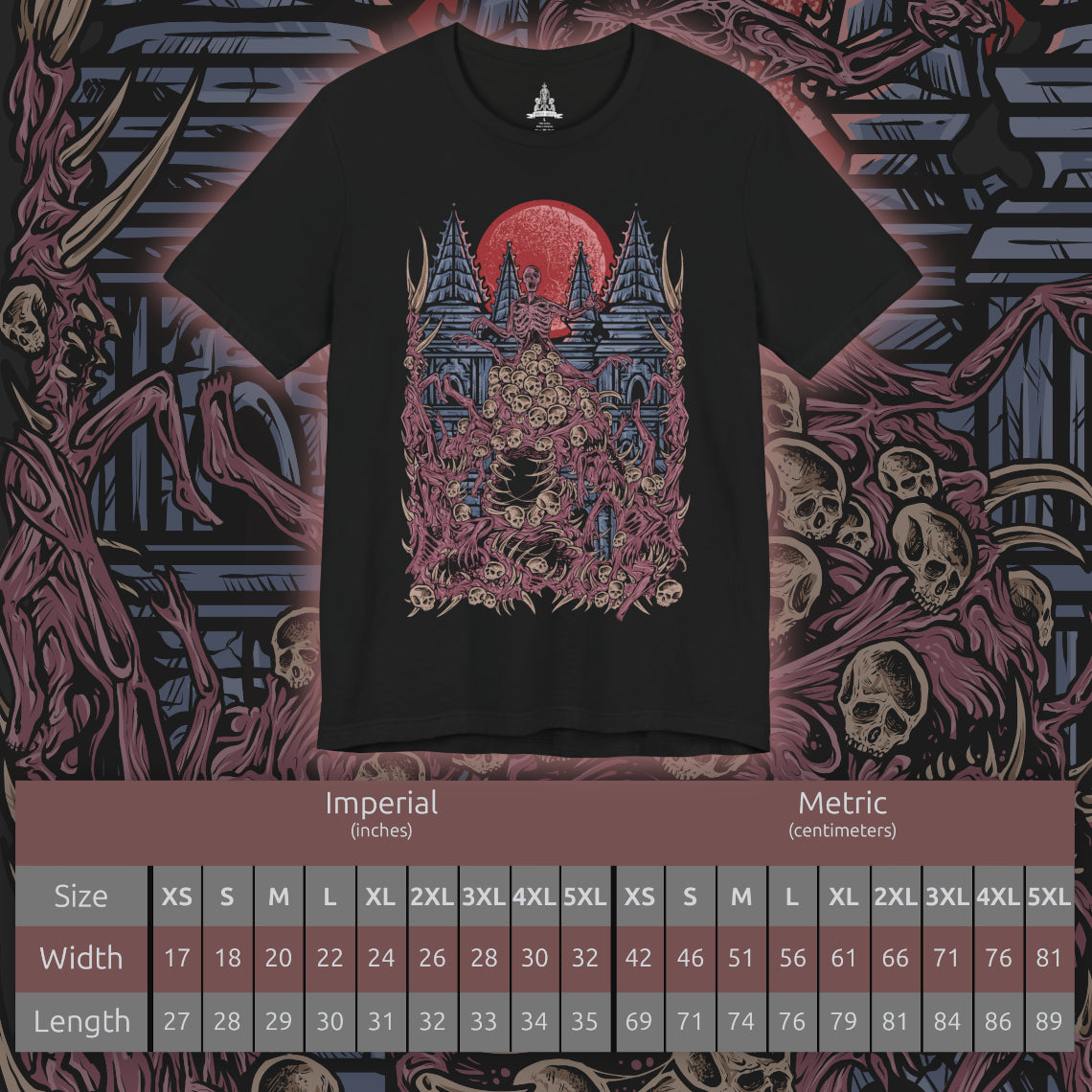 Size chart of a Double-sided T-Shirt artwork featuring The One Reborn from Bloodborne, portraying a towering amalgamation of human corpses, twisted limbs, and grotesque flesh beneath the blood moon. The creature's enormous body dominates a dark and unsettling environment inspired by Yahar'gul, with deep shadows emphasizing its unnatural anatomy.