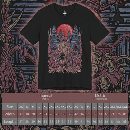 Size chart of a Double-sided T-Shirt artwork featuring The One Reborn from Bloodborne, portraying a towering amalgamation of human corpses, twisted limbs, and grotesque flesh beneath the blood moon. The creature's enormous body dominates a dark and unsettling environment inspired by Yahar'gul, with deep shadows emphasizing its unnatural anatomy.