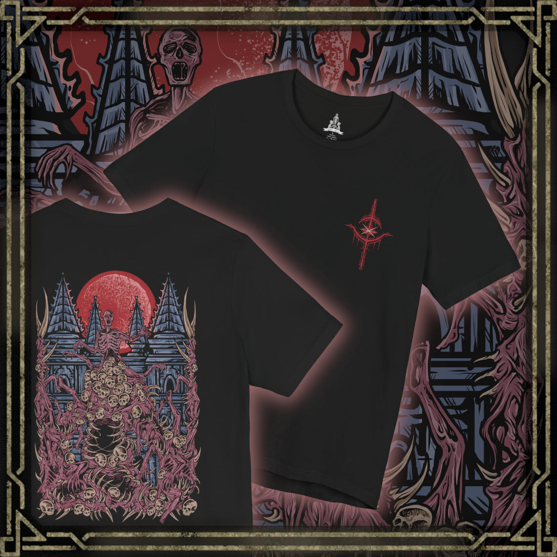 Thumbnail of a Double-sided T-Shirt artwork featuring The One Reborn from Bloodborne, portraying a towering amalgamation of human corpses, twisted limbs, and grotesque flesh beneath the blood moon. The creature's enormous body dominates a dark and unsettling environment inspired by Yahar'gul, with deep shadows emphasizing its unnatural anatomy.