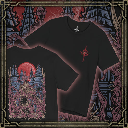 Thumbnail of a Double-sided T-Shirt artwork featuring The One Reborn from Bloodborne, portraying a towering amalgamation of human corpses, twisted limbs, and grotesque flesh beneath the blood moon. The creature's enormous body dominates a dark and unsettling environment inspired by Yahar'gul, with deep shadows emphasizing its unnatural anatomy.