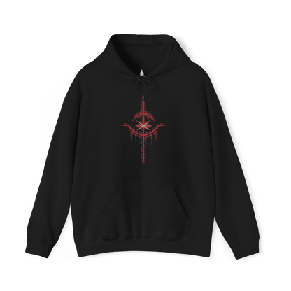Image 4 of a Hooded Sweatshirt design of The One Reborn from Bloodborne, showing the gigantic corpse-like abomination with countless twisted limbs and grotesque masses of decaying flesh. Its monstrous body looms beneath an ominous blood moon in a dark environment inspired by Yahar'gul, creating an atmosphere of gothic dread and cosmic horror. The artwork emphasizes the creature's disturbing anatomy, its connection to forbidden rituals of Bloodborne.