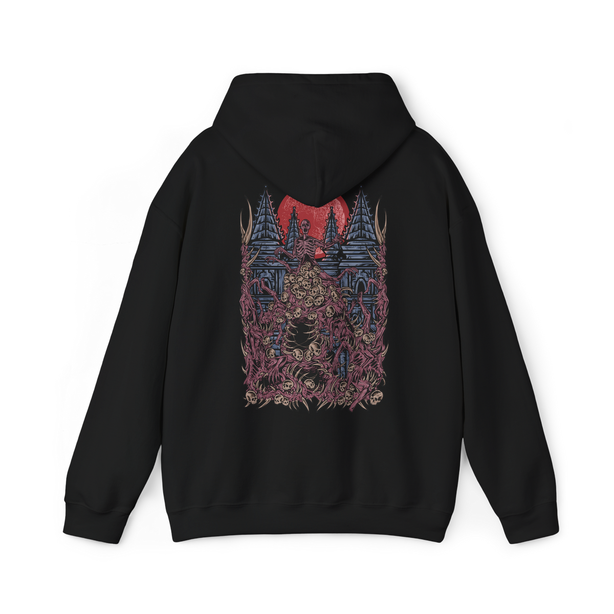 Image 5 of a Hooded Sweatshirt design of The One Reborn from Bloodborne, showing the gigantic corpse-like abomination with countless twisted limbs and grotesque masses of decaying flesh. Its monstrous body looms beneath an ominous blood moon in a dark environment inspired by Yahar'gul, creating an atmosphere of gothic dread and cosmic horror. The artwork emphasizes the creature's disturbing anatomy, its connection to forbidden rituals of Bloodborne.