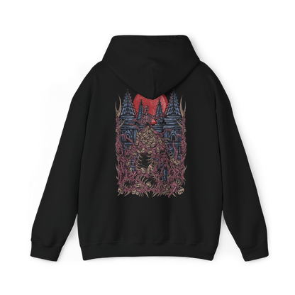 Image 5 of a Hooded Sweatshirt design of The One Reborn from Bloodborne, showing the gigantic corpse-like abomination with countless twisted limbs and grotesque masses of decaying flesh. Its monstrous body looms beneath an ominous blood moon in a dark environment inspired by Yahar'gul, creating an atmosphere of gothic dread and cosmic horror. The artwork emphasizes the creature's disturbing anatomy, its connection to forbidden rituals of Bloodborne.