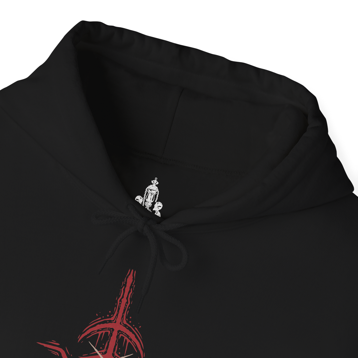 Folded Hooded Sweatshirt design of The One Reborn from Bloodborne, showing the gigantic corpse-like abomination with countless twisted limbs and grotesque masses of decaying flesh. Its monstrous body looms beneath an ominous blood moon in a dark environment inspired by Yahar'gul, creating an atmosphere of gothic dread and cosmic horror. The artwork emphasizes the creature's disturbing anatomy, its connection to forbidden rituals of Bloodborne.