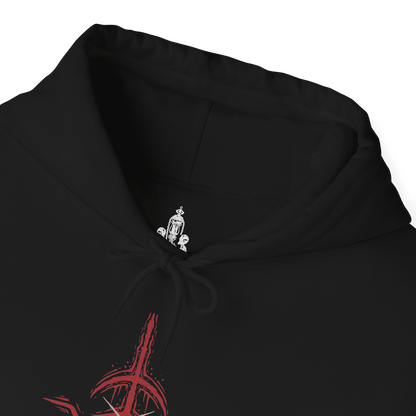 Folded Hooded Sweatshirt design of The One Reborn from Bloodborne, showing the gigantic corpse-like abomination with countless twisted limbs and grotesque masses of decaying flesh. Its monstrous body looms beneath an ominous blood moon in a dark environment inspired by Yahar'gul, creating an atmosphere of gothic dread and cosmic horror. The artwork emphasizes the creature's disturbing anatomy, its connection to forbidden rituals of Bloodborne.