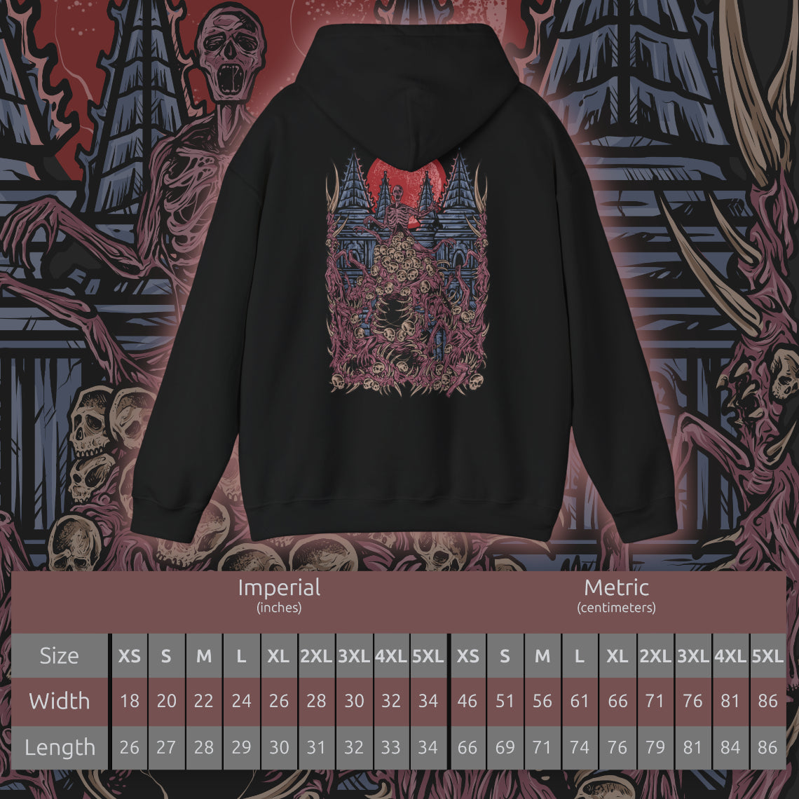 Size chart of a Hooded Sweatshirt design of The One Reborn from Bloodborne, showing the gigantic corpse-like abomination with countless twisted limbs and grotesque masses of decaying flesh. Its monstrous body looms beneath an ominous blood moon in a dark environment inspired by Yahar'gul, creating an atmosphere of gothic dread and cosmic horror. The artwork emphasizes the creature's disturbing anatomy, its connection to forbidden rituals of Bloodborne.