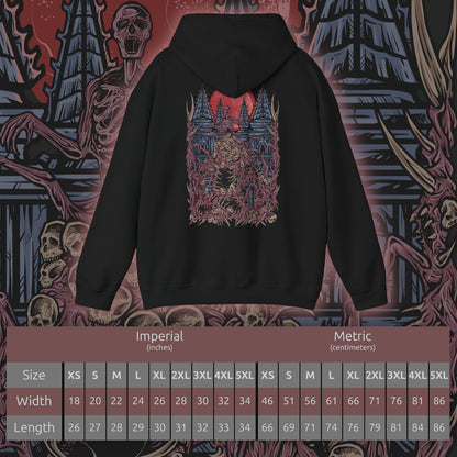 Size chart of a Hooded Sweatshirt design of The One Reborn from Bloodborne, showing the gigantic corpse-like abomination with countless twisted limbs and grotesque masses of decaying flesh. Its monstrous body looms beneath an ominous blood moon in a dark environment inspired by Yahar'gul, creating an atmosphere of gothic dread and cosmic horror. The artwork emphasizes the creature's disturbing anatomy, its connection to forbidden rituals of Bloodborne.