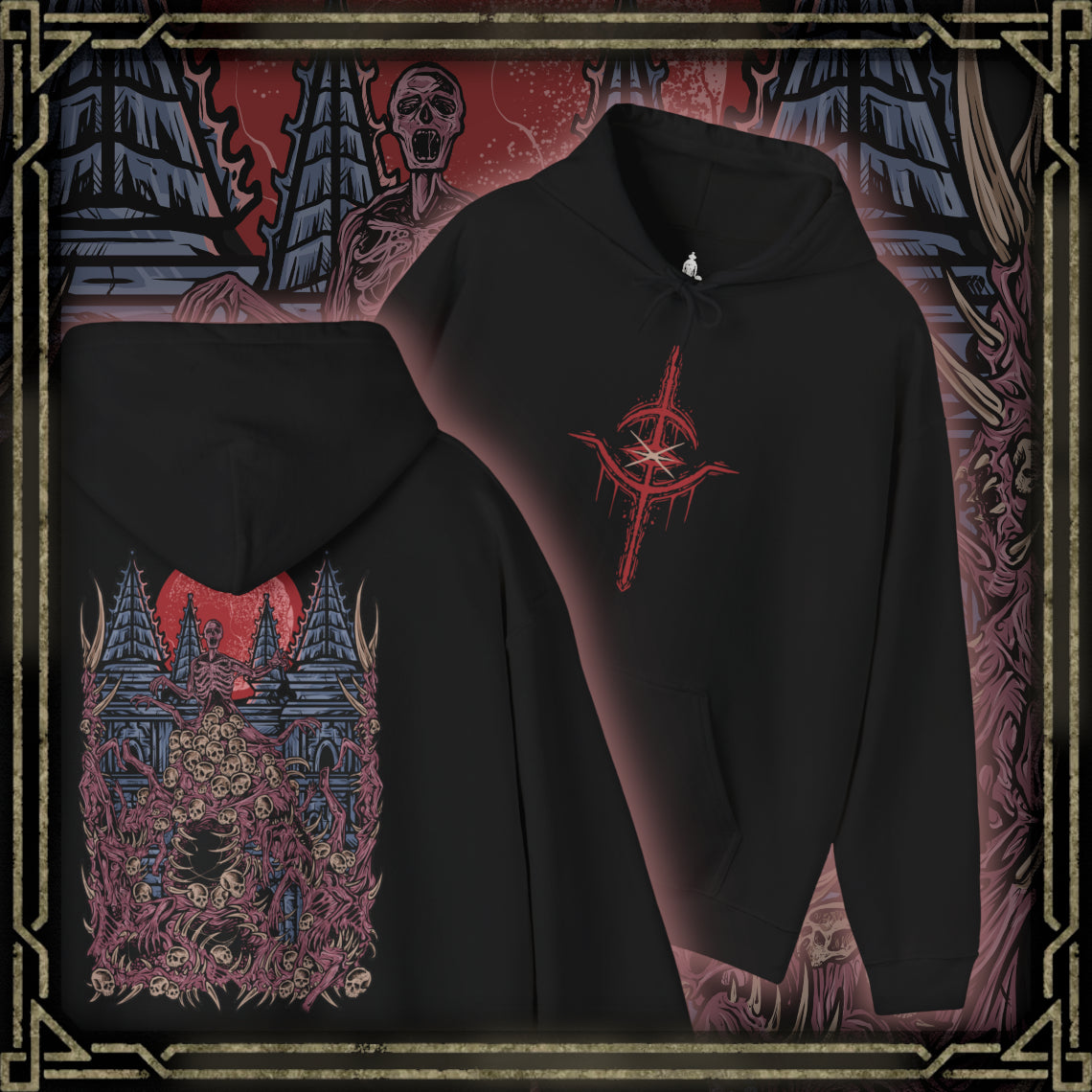 Thumbnail of a Hooded Sweatshirt design of The One Reborn from Bloodborne, showing the gigantic corpse-like abomination with countless twisted limbs and grotesque masses of decaying flesh. Its monstrous body looms beneath an ominous blood moon in a dark environment inspired by Yahar'gul, creating an atmosphere of gothic dread and cosmic horror. The artwork emphasizes the creature's disturbing anatomy, its connection to forbidden rituals, and its role as one of the most nightmarish bosses in Bloodborne.