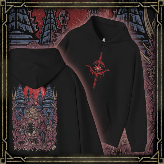 Thumbnail of a Hooded Sweatshirt design of The One Reborn from Bloodborne, showing the gigantic corpse-like abomination with countless twisted limbs and grotesque masses of decaying flesh. Its monstrous body looms beneath an ominous blood moon in a dark environment inspired by Yahar'gul, creating an atmosphere of gothic dread and cosmic horror. The artwork emphasizes the creature's disturbing anatomy, its connection to forbidden rituals, and its role as one of the most nightmarish bosses in Bloodborne.