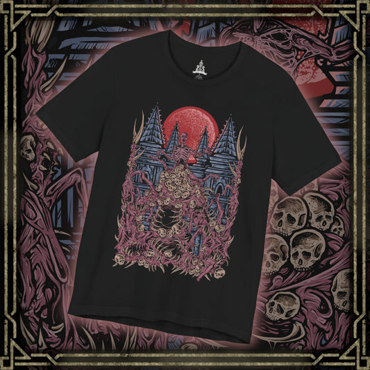 Thumbnail of a T-Shirt design of The One Reborn from Bloodborne, depicting a colossal grotesque monster formed from tangled human bodies, decaying flesh, and countless twisted limbs. Its enormous deformed silhouette hangs beneath the darkened skies of Yahar'gul as blood and shadow surround its monstrous body. The artwork captures the creature's nightmarish anatomy, its connection to the blood moon, and the disturbing cosmic horror that defines the world of Bloodborne.