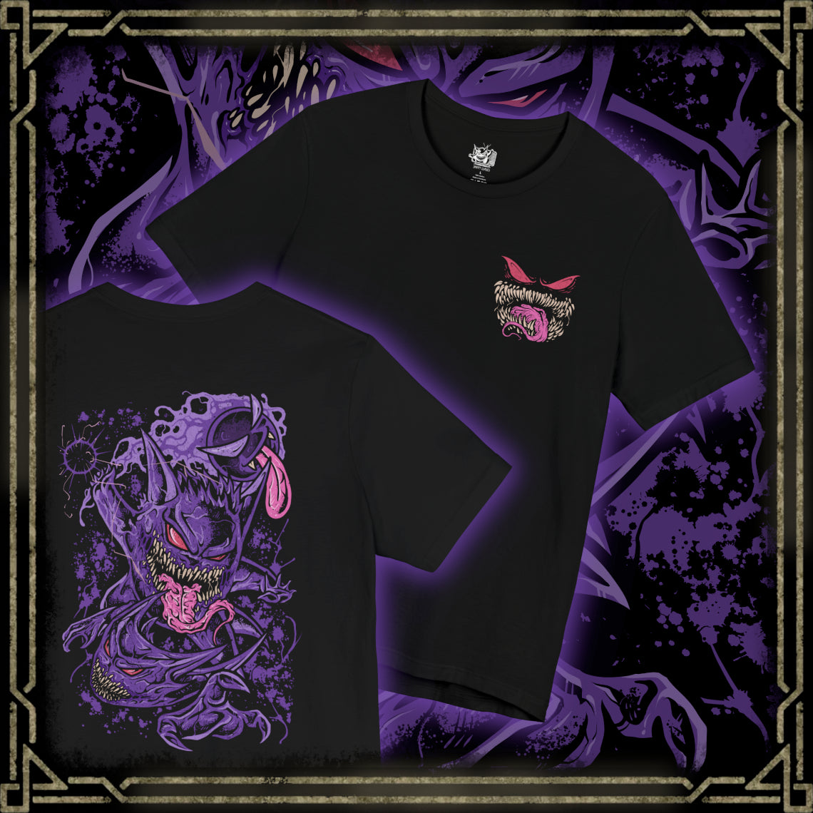 Thumbnail of a T-shirt artwork depicting Gastly, Haunter, and Gengar together in a haunted forest, mist curling around roots and gravestones. Gastly hovers like a glowing orb, Haunter lurks with outstretched claws, and Gengar floats confidently with glowing eyes. The design reflects the progression from mischievous spirit to formidable shadow Pokémon, embodying stealth, fear, and spectral energy.