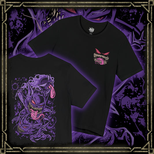 Thumbnail of a T-shirt artwork depicting Gastly, Haunter, and Gengar together in a haunted forest, mist curling around roots and gravestones. Gastly hovers like a glowing orb, Haunter lurks with outstretched claws, and Gengar floats confidently with glowing eyes. The design reflects the progression from mischievous spirit to formidable shadow Pokémon, embodying stealth, fear, and spectral energy.