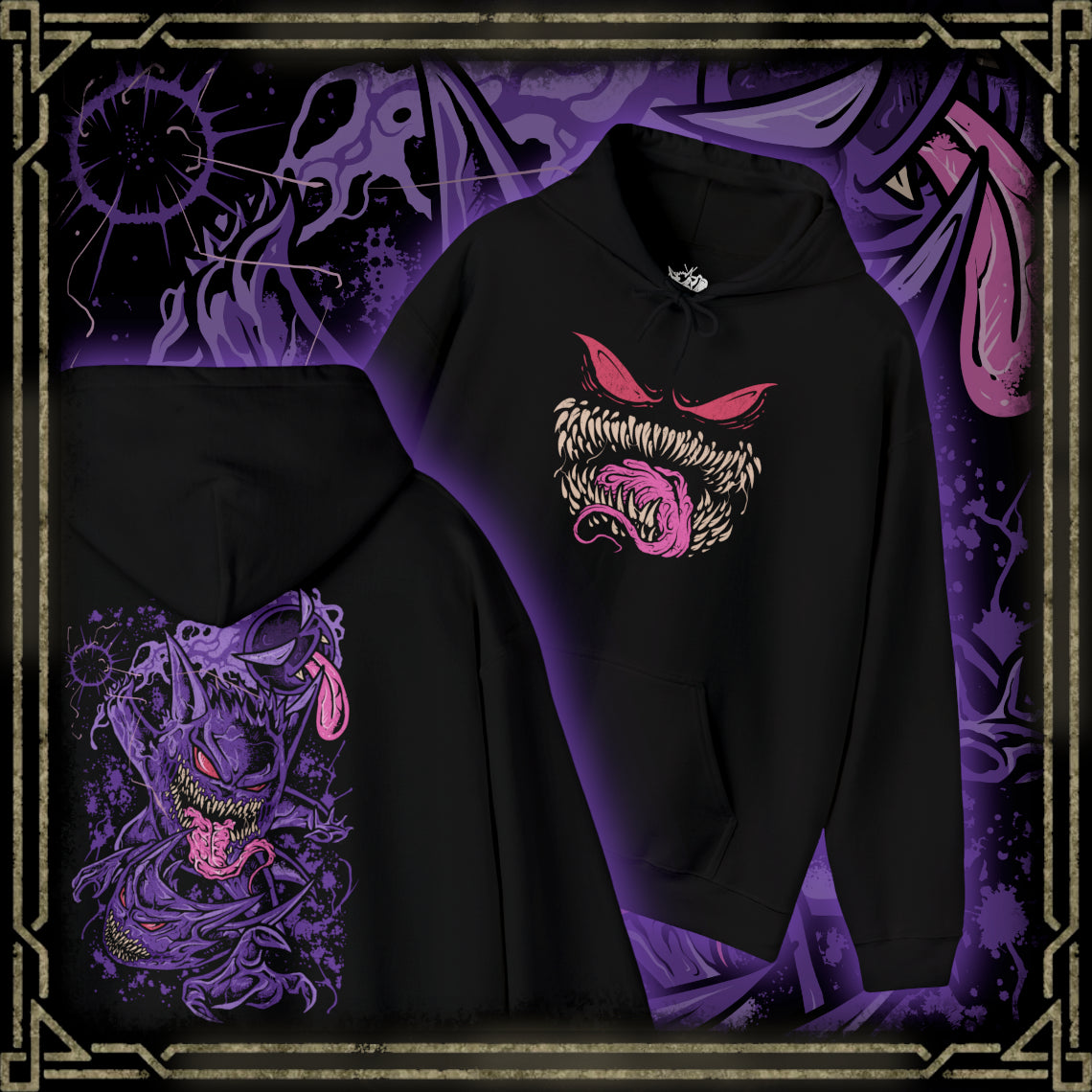 Thumbnail of a Hooded Sweatshirt of the ghostly trio Gastly, Haunter, and Gengar hovering in a moonlit cemetery, their forms blending into swirling fog and shadows. Gastly’s gas pulses with purple haze, Haunter’s claws extend as if to strike, and Gengar’s grin radiates malevolent charm. The design emphasizes ghostly evolution, eerie playfulness, and the haunting charm that defines this classic Pokémon line.