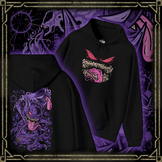 Thumbnail of a Hooded Sweatshirt of the ghostly trio Gastly, Haunter, and Gengar hovering in a moonlit cemetery, their forms blending into swirling fog and shadows. Gastly’s gas pulses with purple haze, Haunter’s claws extend as if to strike, and Gengar’s grin radiates malevolent charm. The design emphasizes ghostly evolution, eerie playfulness, and the haunting charm that defines this classic Pokémon line.