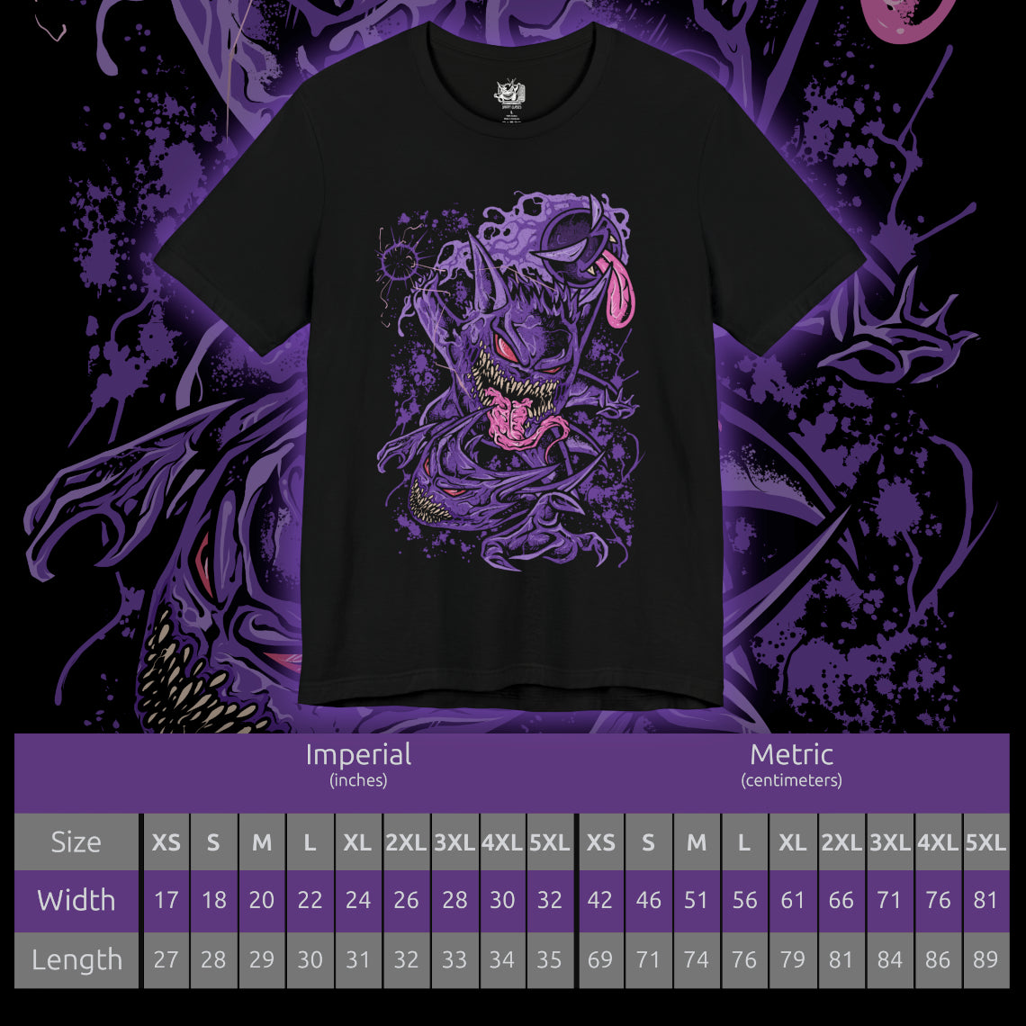 Size chart of a T-shirt design of Gastly, Haunter, and Gengar from Pokémon, floating menacingly through a misty graveyard at night. Gastly’s gaseous form drifts in eerie swirls, Haunter’s clawed hands reach through the fog, and Gengar’s sinister grin glows under moonlight. The design captures the evolution of ghost-type Pokémon, their spectral power, and playful yet frightening presence.