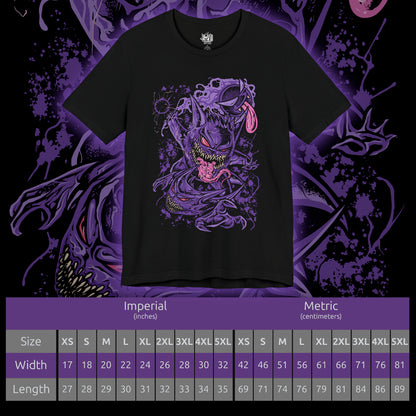 Size chart of a T-shirt design of Gastly, Haunter, and Gengar from Pokémon, floating menacingly through a misty graveyard at night. Gastly’s gaseous form drifts in eerie swirls, Haunter’s clawed hands reach through the fog, and Gengar’s sinister grin glows under moonlight. The design captures the evolution of ghost-type Pokémon, their spectral power, and playful yet frightening presence.