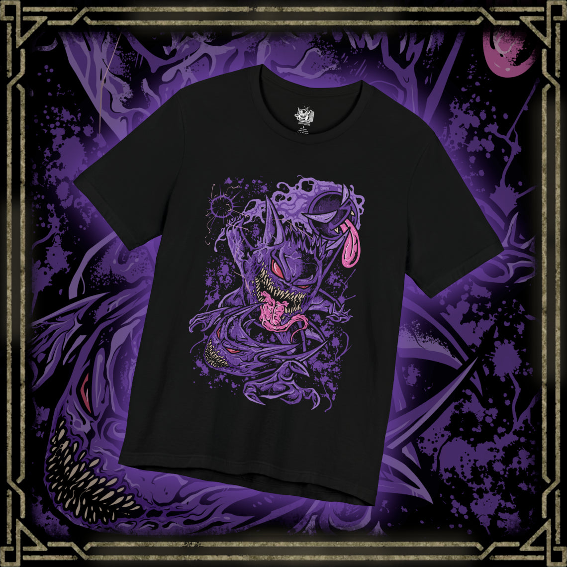 Thumbnail of a T-shirt design of Gastly, Haunter, and Gengar from Pokémon, floating menacingly through a misty graveyard at night. Gastly’s gaseous form drifts in eerie swirls, Haunter’s clawed hands reach through the fog, and Gengar’s sinister grin glows under moonlight. The design captures the evolution of ghost-type Pokémon, their spectral power, and playful yet frightening presence.