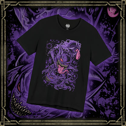 Thumbnail of a T-shirt design of Gastly, Haunter, and Gengar from Pokémon, floating menacingly through a misty graveyard at night. Gastly’s gaseous form drifts in eerie swirls, Haunter’s clawed hands reach through the fog, and Gengar’s sinister grin glows under moonlight. The design captures the evolution of ghost-type Pokémon, their spectral power, and playful yet frightening presence.