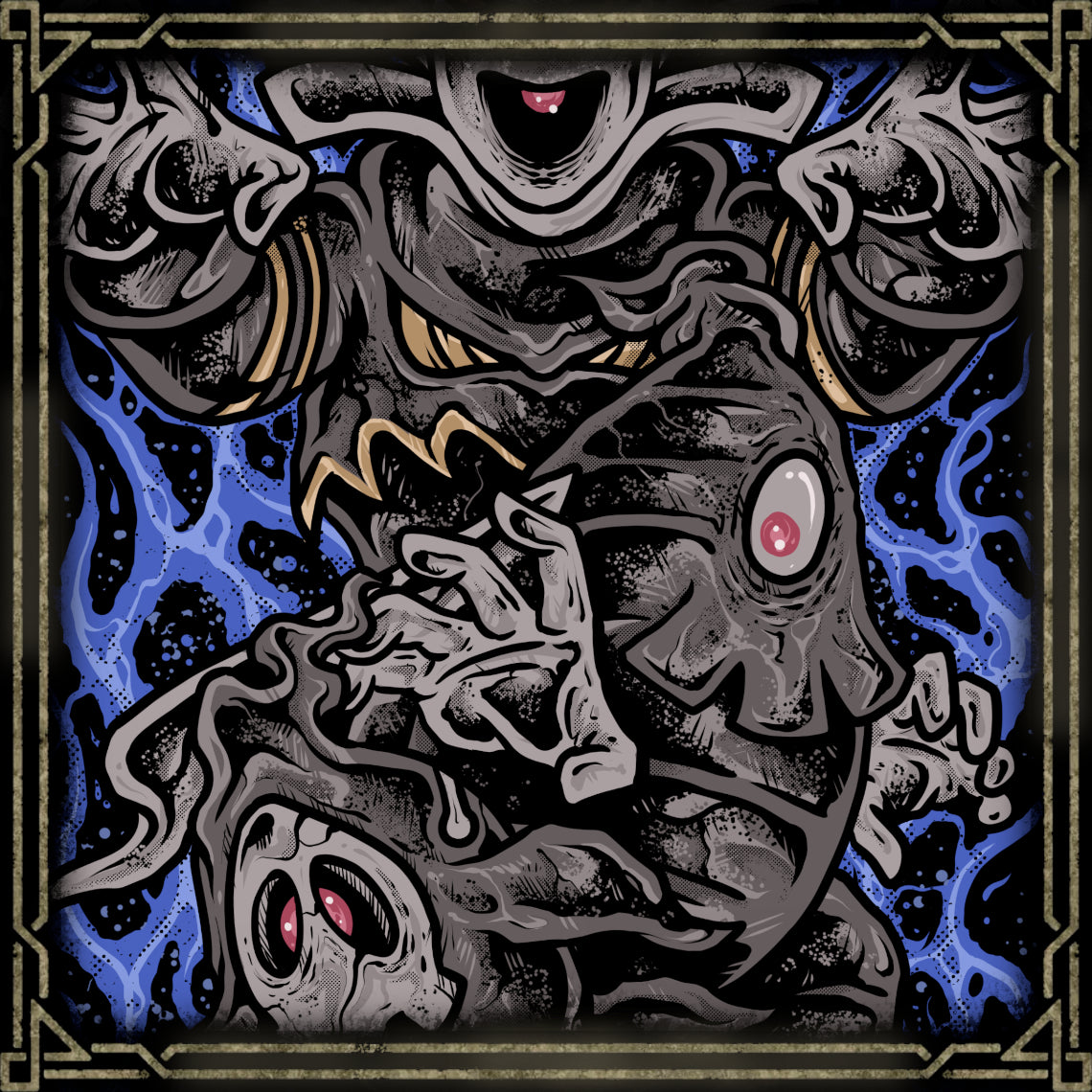 Artwork of The Soul Reapers of Sinnoh. This ghostly lineage is closely tied to the boundary between life and the spirit world. The smallest form silently watches from dark corners with its glowing eye. As it grows, its body conceals a mysterious void said to swallow anything drawn inside. In its final stage, it is believed to guide wandering souls toward the world beyond.
