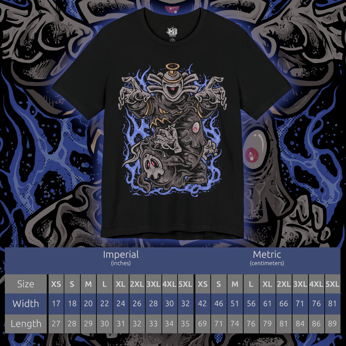 Size chart of a T-shirt artwork depicting Duskull drifting through misty darkness, Dusclops advancing with heavy spectral presence, and Dusknoir commanding the scene with its imposing form. Shadow energy swirls around them like a gateway to another world. This design reflects their connection to the spirit realm and the haunting journey from playful phantom to solemn keeper of lost souls.