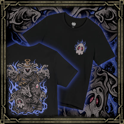 Thumbnail of a T-shirt artwork depicting Duskull drifting through misty darkness, Dusclops advancing with heavy spectral presence, and Dusknoir commanding the scene with its imposing form. Shadow energy swirls around them like a gateway to another world. This design reflects their connection to the spirit realm and the haunting journey from playful phantom to solemn keeper of lost souls.