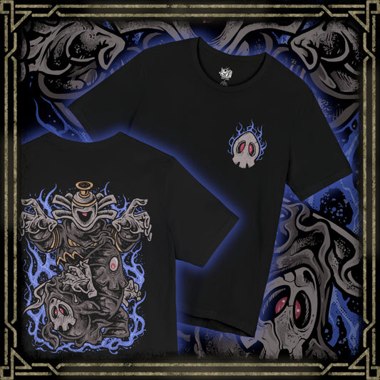 Thumbnail of a T-shirt artwork depicting Duskull drifting through misty darkness, Dusclops advancing with heavy spectral presence, and Dusknoir commanding the scene with its imposing form. Shadow energy swirls around them like a gateway to another world. This design reflects their connection to the spirit realm and the haunting journey from playful phantom to solemn keeper of lost souls.