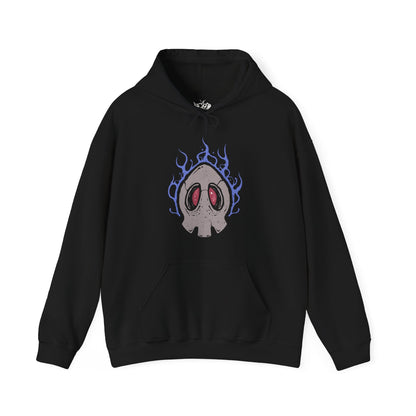 Image 4 of a Hooded Sweatshirt of Duskull, Dusclops, and Dusknoir framed by ghostly fog and flickering blue flame. Duskull hovers silently, Dusclops radiates quiet menace, and Dusknoir stands as a powerful warden of the dead. The composition emphasizes evolution, supernatural authority, and the mysterious presence that defines this ghost-type lineage.
