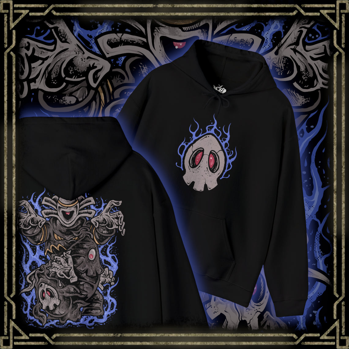 Thumbnail of a Hooded Sweatshirt of Duskull, Dusclops, and Dusknoir framed by ghostly fog and flickering blue flame. Duskull hovers silently, Dusclops radiates quiet menace, and Dusknoir stands as a powerful warden of the dead. The composition emphasizes evolution, supernatural authority, and the mysterious presence that defines this ghost-type lineage.