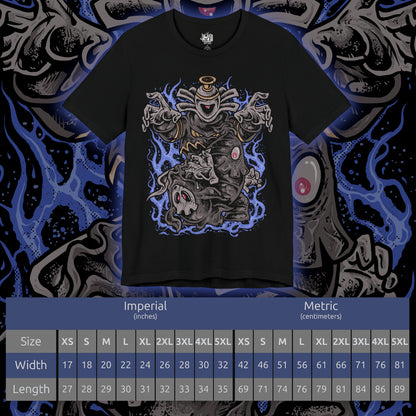 Size chart of a T-shirt design of Duskull, Dusclops, and Dusknoir from Pokémon, emerging from a shadow-filled spirit realm. Duskull’s single red eye glows beneath its skull mask, Dusclops looms with bandaged form and hollow stare, while Dusknoir towers as a spectral guide of the afterlife. The design captures ghost-type evolution and the eerie progression from wandering spirit to underworld sentinel.